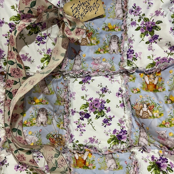 Easter Rag Quilt Throw. Handmade