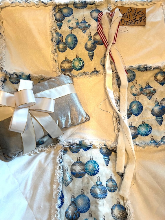 Christmas Blue Ornament Rag Quilt Throw. Handmade