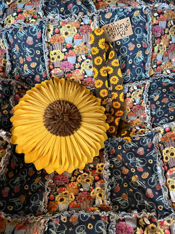 Sunflower and Bicycle Rag Quilt Throw. Handmade