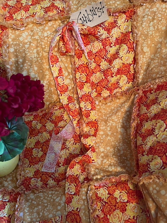 Yellow and Orange Roses Rag Quilt Throw. Handmade