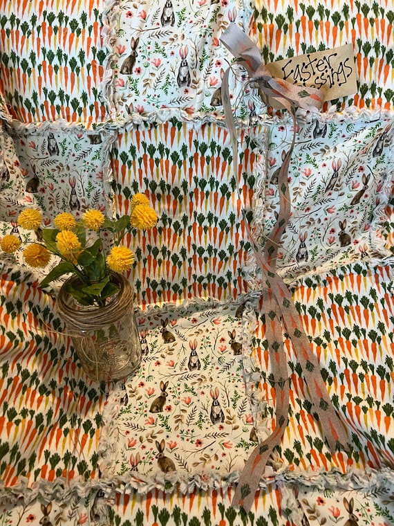 Easter Bunny and Carrots Rag Quilt Throw. Handmade