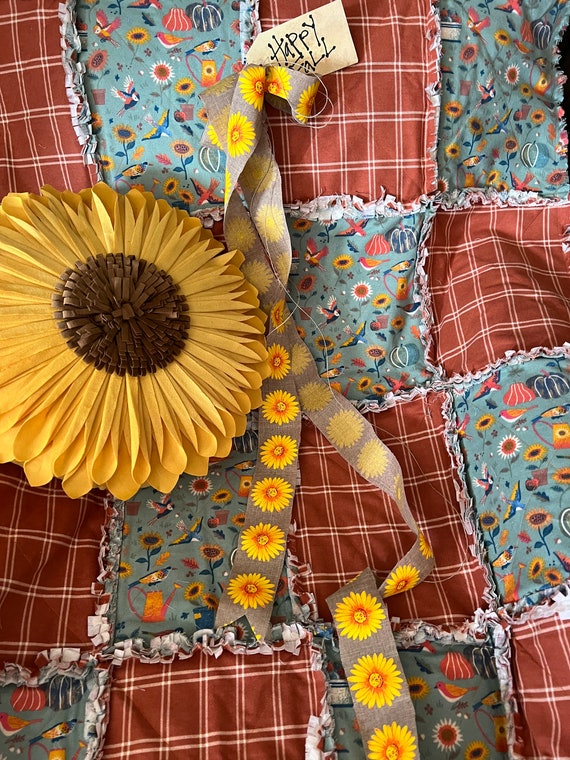 Sunflower and Plaid Fall Rag Quilt Throw. Handmade