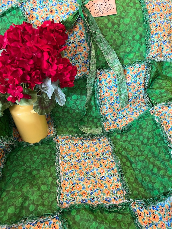 Floral Rag Quilt Throw. Handmade