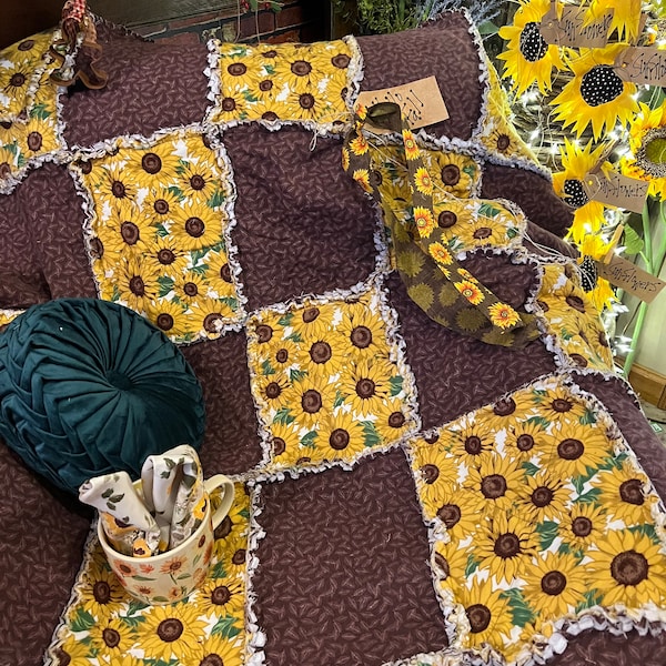 Fall Sunflower Rag Quilt Throw. Handmade