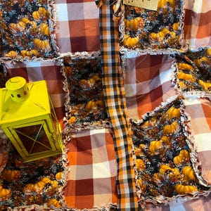 Pumpkin and Buffalo Check Rag Quilt Throw. Handmade