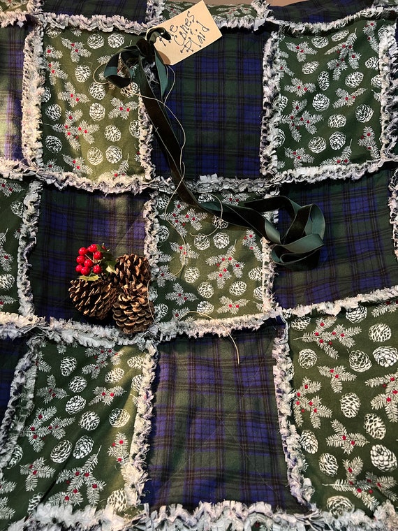 Pine Cones and Plaid Christmas Rag Quilt Throw. Handmade