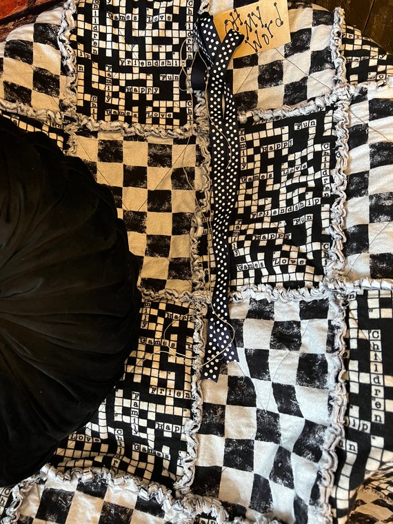 Crossword Rag Quilt Throw. Handmade