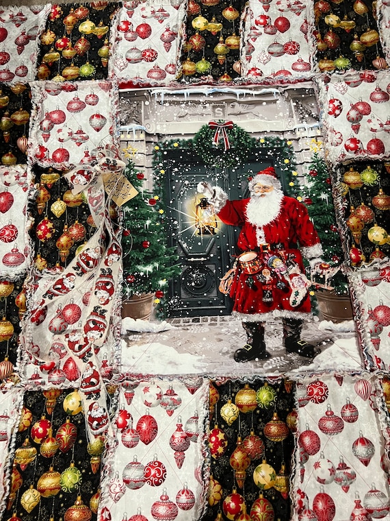 Vintage Santa Christmas Rag Quilt Throw. Handmade