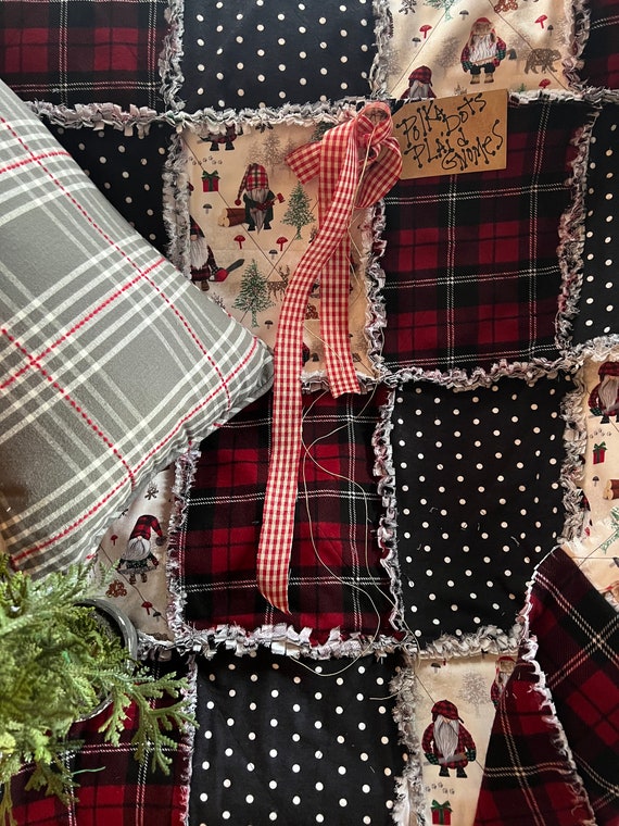 Christmas Plaid and Gnome Rag Quilt Throw. Handmade