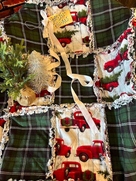 Christmas Red Truck Rag Quilt Throw. Handmade