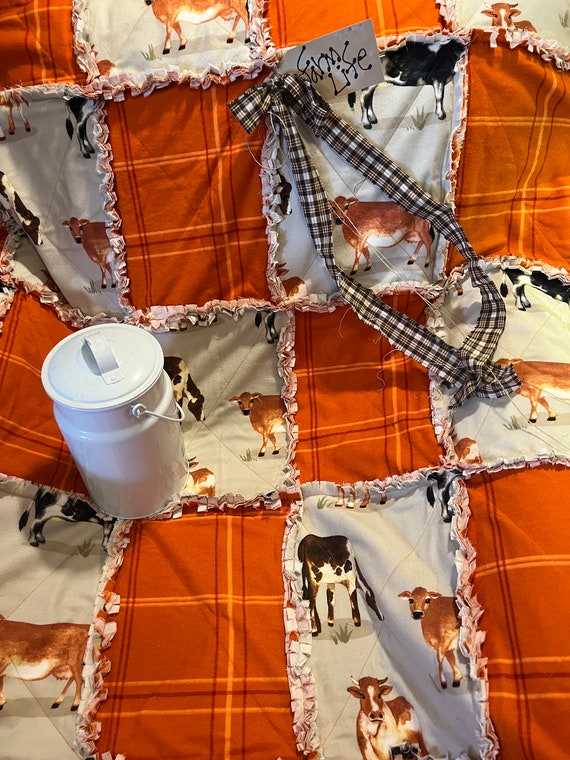 Cow and Plaid Rag Quilt Throw. Handmade
