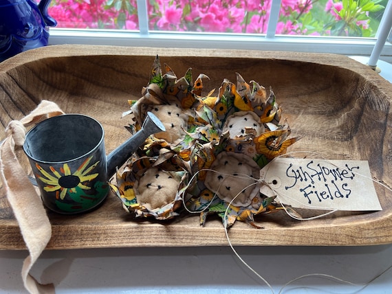 Primitive Sunflowers and Water Can Bowl Fillers. Handmade