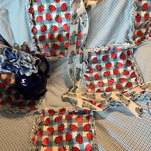 Strawberry Rag Quilt Throw. Handmade