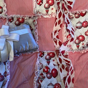 Christmas Ornament Rag Quilt Throw. Handmade