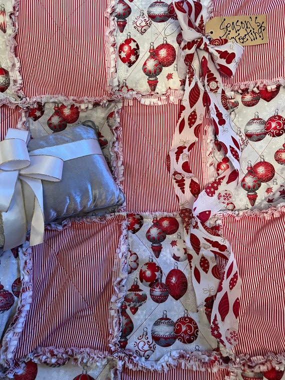 Christmas Ornament Rag Quilt Throw. Handmade