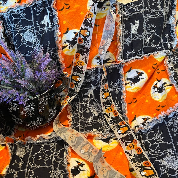 Witches and Cats Halloween Rag Quilt Throw. Handmade