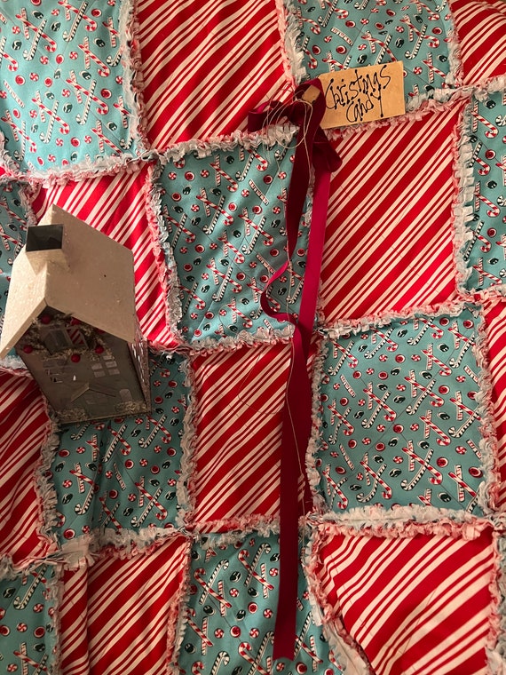 Christmas Candy Cane Rag Quilt Throw. Handmade