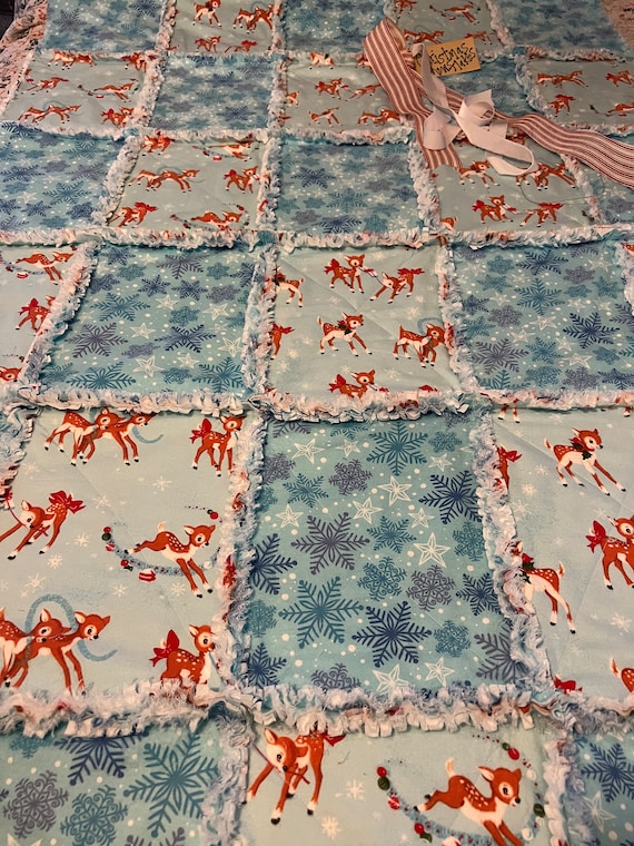 Snowflake and Reindeer Rag Quilt Throw. Handmade