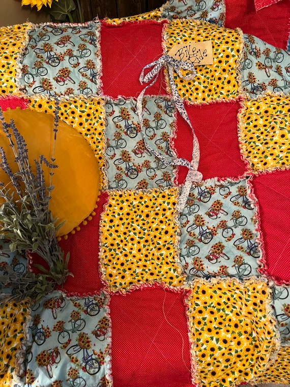 Sunflower and Bicycle Rag Quilt. Handmade