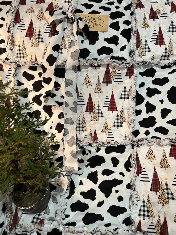 Christmas Tree and Cow Patch Rag Quilt. Handmade