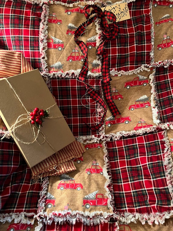 Christmas Red Truck Rag Quilt Throw. Handmade