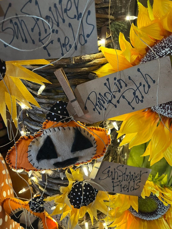 Primitive Sunflower and Pumpkin Ornaments. Handmade