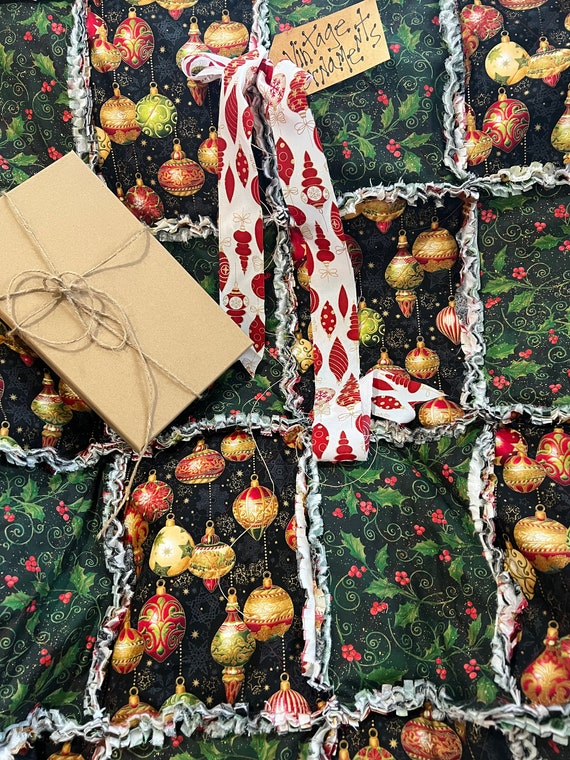Vintage Christmas Ornaments and Holly Rag Quilt Throw. Handmade