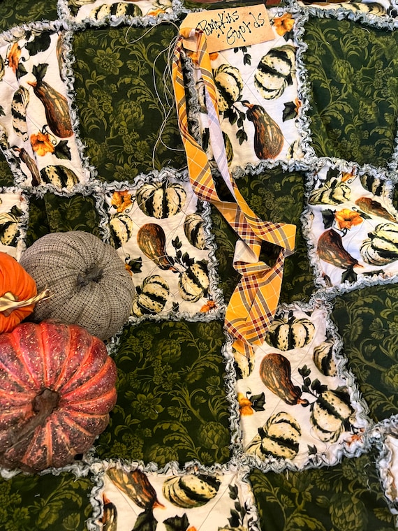 Fall Gourds and Leaves Rag Quilt.  Handmade