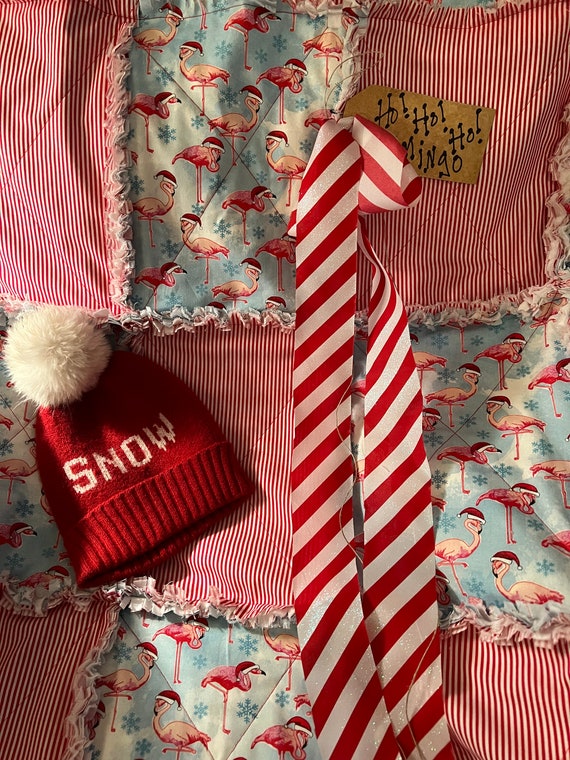 Christmas Flamingo Rag Quilt Throw. Handmade