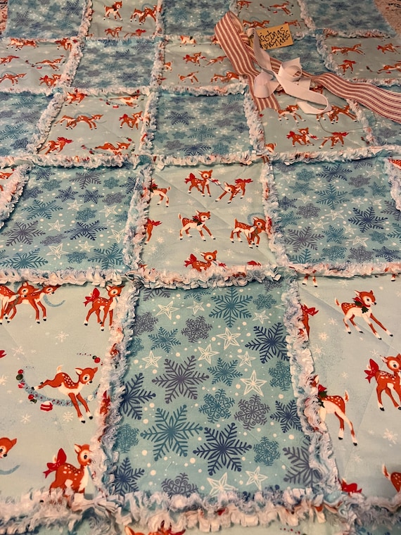 Snowflake and Reindeer Rag Quilt Throw. Handmade