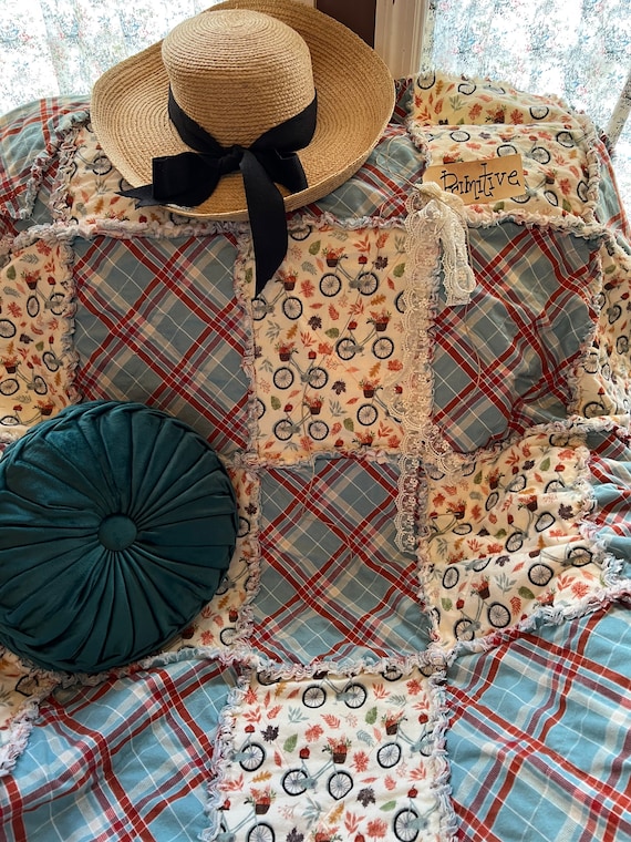 Fall/Autumn Bicycle and Plaid Rag Quilt/Throw. Handmade