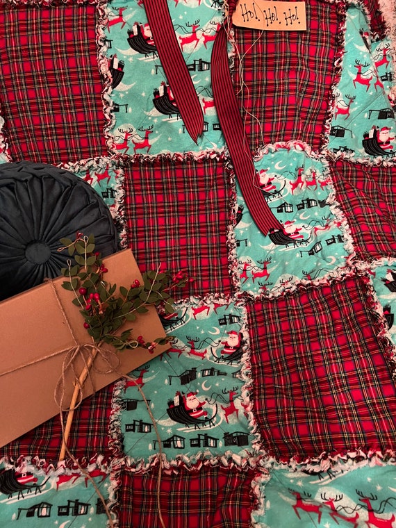 Christmas Santa Sleigh Rag Quilt/Throw.   Handmade