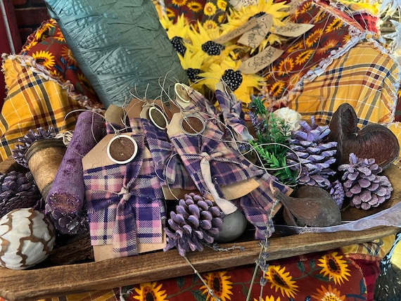 Primitive Purple Plaid Tags Bowl Fillers. Handmade