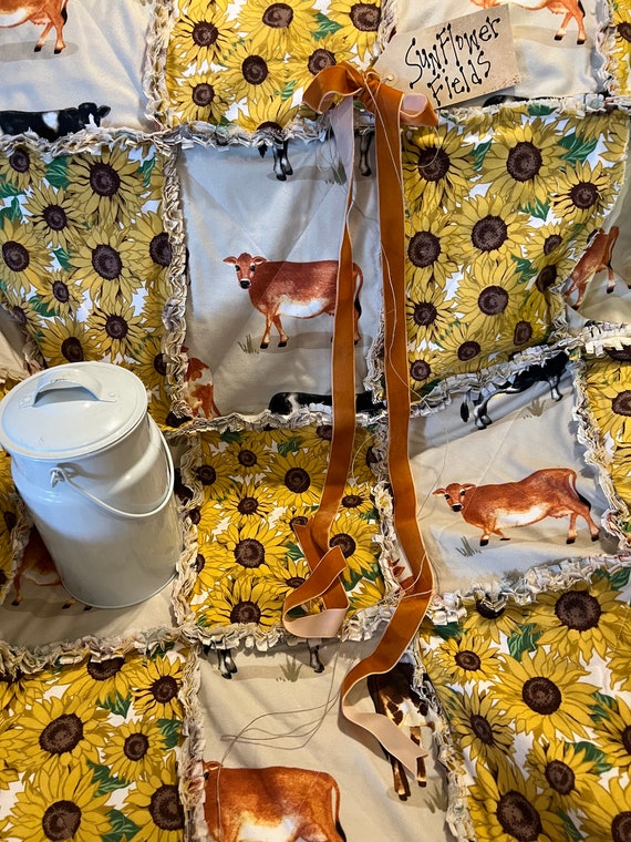 Sunflower and Cow Rag Quilt Throw. Handmade