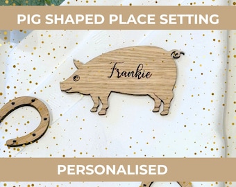 Personalised Pig Place Setting: Laser Engraved Birch or Oak Wood, Farm Themed wedding