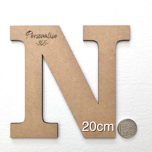 May include: A light brown wooden letter N with a smooth finish. The text "Personalise -365-" is engraved on the upper left section. The letter is positioned next to a circular metal coin, with the text "20cm" printed near the bottom right corner.