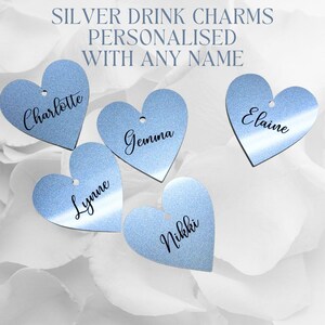 Personalised Heart Shaped Wine Drink Charms, Hen Party and Event Decor, Custom Wedding Favours, Engraved Heart Charms with charm rings image 10
