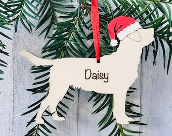 Personalised with any name Wood Dog Christmas Ornament: Hand-Painted, Laser Engraved