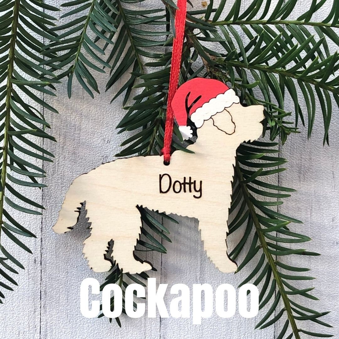 Cockapoo Engrave Personalised Cockapoo Christmas Ornament: Hand-painted Santa Hat, Laser ...