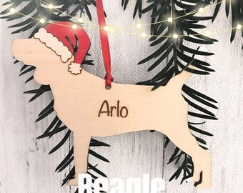 Personalised Beagle Christmas Ornament: Hand-Painted Santa Hat, Engraved Wood