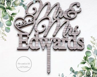 Personalised Oak Wood Mr & Mrs Wedding Cake Topper: Rustic Decor