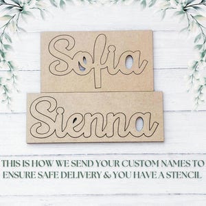 May include: Two wooden name stencils, "Sofia" and "Sienna", are displayed. The names are cut out of rectangular wooden boards. The text at the bottom reads "THIS IS HOW WE SEND YOUR CUSTOM NAMES TO ENSURE SAFE DELIVERY & YOU HAVE A STENCIL."