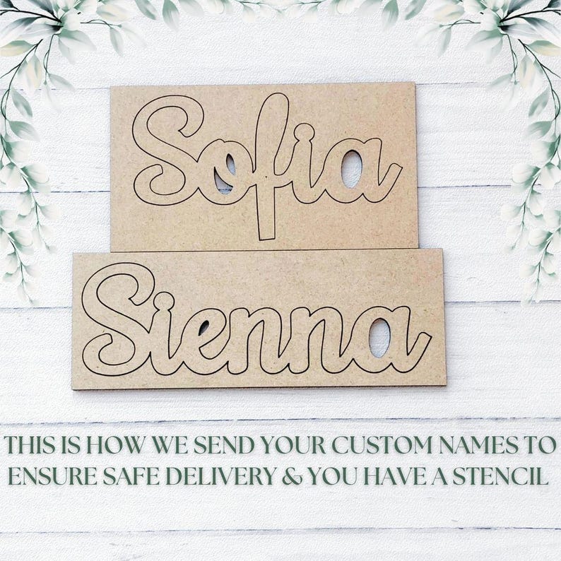 May include: Two wooden name stencils, "Sofia" and "Sienna", are displayed. The names are cut out of rectangular wooden boards. The text at the bottom reads "THIS IS HOW WE SEND YOUR CUSTOM NAMES TO ENSURE SAFE DELIVERY & YOU HAVE A STENCIL."