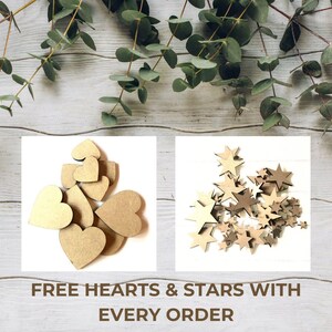 May include: A collection of small, flat, light brown wooden hearts and stars arranged in two separate groups. The text "FREE HEARTS & STARS WITH EVERY ORDER" is printed in brown capital letters at the bottom of the image.