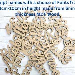 script names with a choice of fonts made from 6mm wood thickness