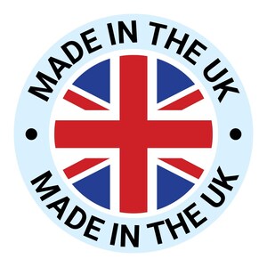 May include: A circular emblem featuring the Union Jack flag in red, white, and blue at the center. The light blue border contains the black text MADE IN THE UK, which is repeated along the top and bottom arcs, separated by two small black dots.