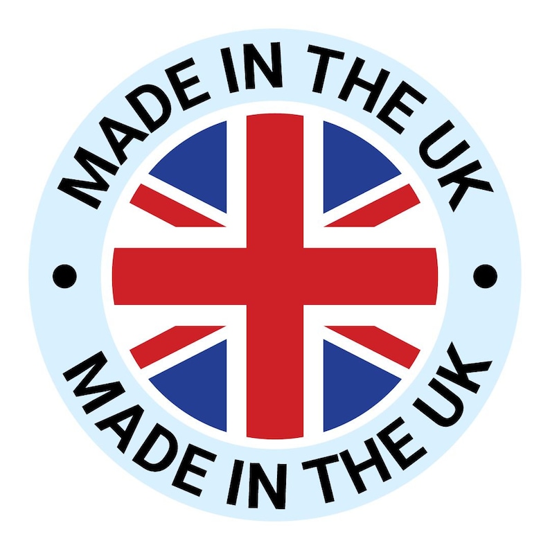 May include: A circular emblem featuring the Union Jack flag in red, white, and blue at the center. The light blue border contains the black text MADE IN THE UK, which is repeated along the top and bottom arcs, separated by two small black dots.