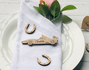 Personalised Wood Racing Car Place Setting Name, Themed place cards for weddings and events, any name engraved, Racing Car Club Event Decor