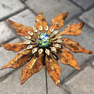 3 3/4&quot; Rusted metal flower with glass center on 12&quot; stem