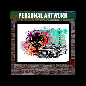 May include: A framed artwork with the text "PERSONAL ARTWORK" at the top. The artwork features a black and white illustration of a hot rod car with colorful abstract designs in the background. The background includes a face and floral elements.